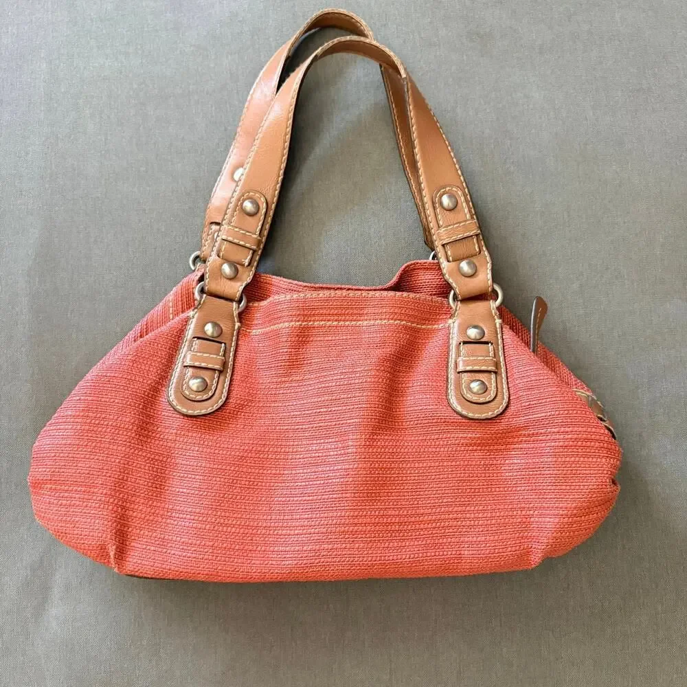 Fossil Y2K Coral Woven Leather Shoulder Bag Floral Lining Boho Handbag